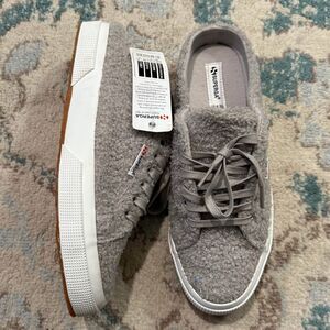NWT Superga Ecru Faux Shearling Slip-On Lace Up Sneakers size 10